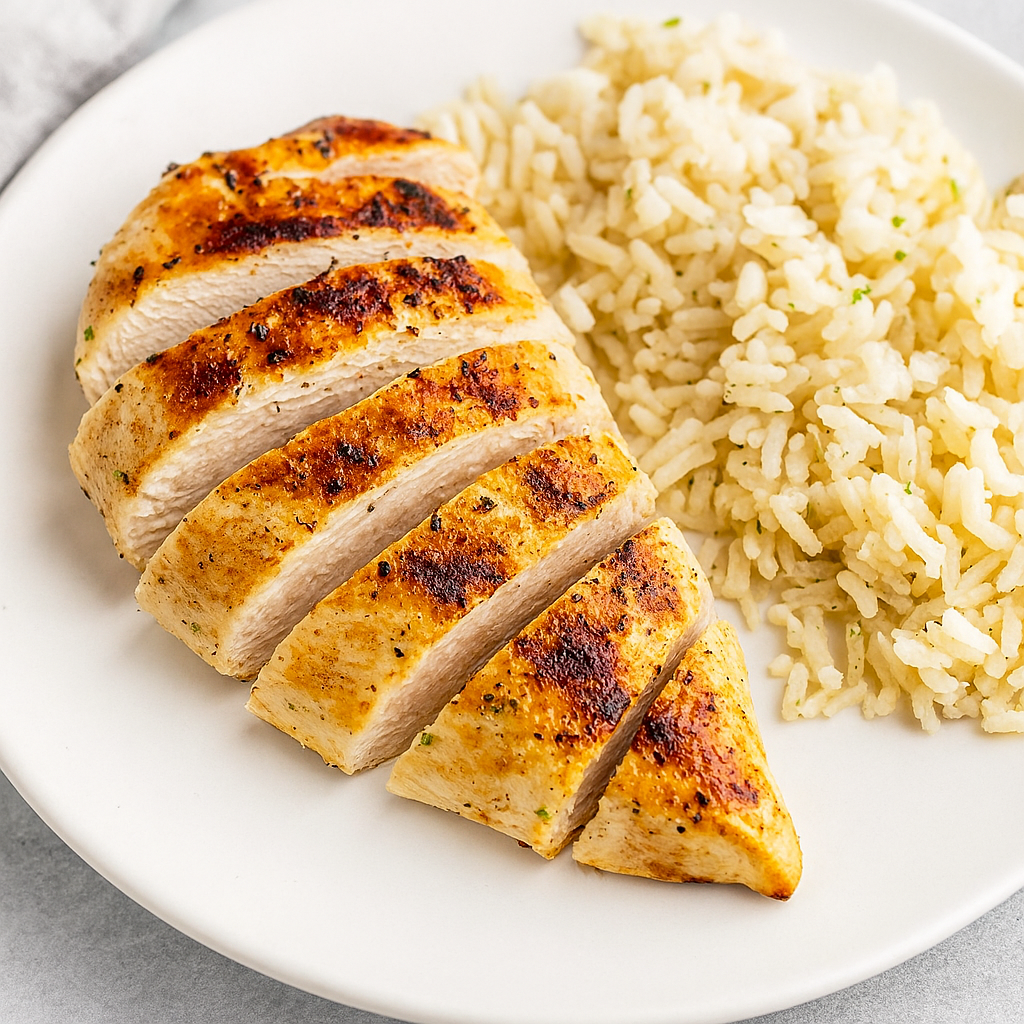 Plate of grilled chicken breast with golden grill marks served alongside fluffy white rice, garnished with herbs.